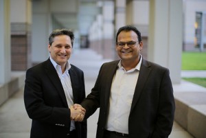 At the Accelerating Innovation event on IBM's Austin campus on November 15, IBM and Xiinx announced a strategic collaboration to help increase the performance and energy-efficiency of data center applications. Ken King, IBM's OpenPOWER General Manager, on left, and Hemant Dhulla, Vice President of Wired Communications and Data Center Business at Xilinx, will help drive the joint effort. Photo credit: Xilinx