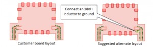Figure 5: Customer’s board layout of CBP-1300F-1+ and suggested modification connecting 18nH inductor at output.