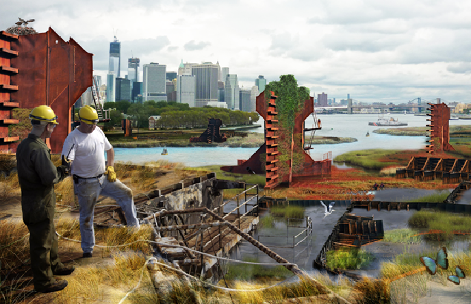 Retired ships are repurposed to create buffer zones to better manage floods and surges. (Image Courtesy Terreform ONE.) Retired ships are repurposed to create buffer zones to better manage floods and surges. (Image Courtesy Terreform ONE.)