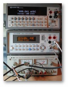 Figure 5 A DC measurement is made using precision, low noise 6.5 Digit DMMs (Picotest M3500A) to obtain a second measurement for correlation.  The power supply does not have current programming, which is the reason the current is set to an odd number.  The two channels of the power supply are connected in parallel and both are in current limit for this measurement.