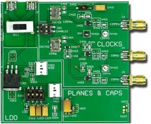 Figure 2 A section of the Picotest VRTS3 training board include an LDO (U301), bulk capacitors (C301-C304), a decoupling capacitor (C402) and a 125MHz clock (OSC401). The connections are made by PCB traces.