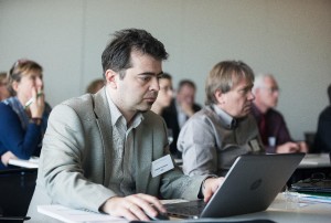 Fig 2: (Middle, left) Dimiter Prodanov, project coordinator, and (middle, right) Alain Pardon, Safety, Environmental & Health Manager atimec, at the kick-off meeting of the NanoStreeM project on January 28, 2016, at imec. 