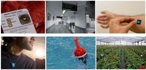 Sensors will have an influence in many sectors. Here are some artist impressions of possible applications of integrated sensoring: smart food labeling, personal signage using LEDs, thermoflex patches, air quality necklace, water poution monitoring, plant health monitoring. 