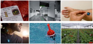 Sensors will have an influence in many sectors. Here are some artist impressions of possible applications of integrated sensoring: smart food labeling, personal signage using LEDs, thermoflex patches, air quality necklace, water poution monitoring, plant health monitoring.