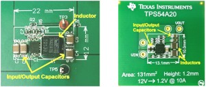Figure 1: Size comparison between a 12VIN, 10AOUT buck converter operating at 500kHz (a-right) and a series-capacitor buck converter operating at 2MHz per phase (b-left)