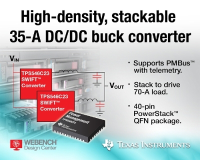 , Stackable 18-V input, 35-A PMBus converter delivers industry’s highest density  TI’s DC/DC buck converter features remote voltage sensing and supports telemetry