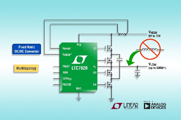 , 72V Fixed-Ratio DC/DC Controller Eliminates Power Inductor &#038; Delivers 500W in Non-Isolated Intermediate Bus Converter Applications